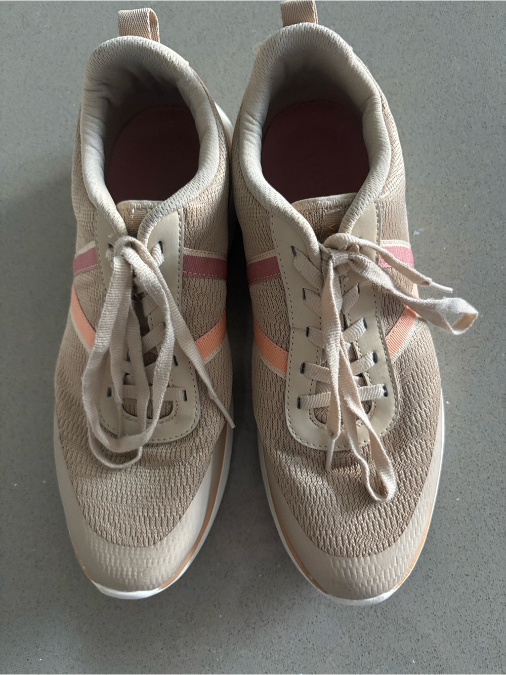 Vionic Beige Knit Sneakers with Pink and Peach Stripes